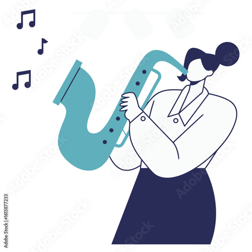 Captivating female jazz musician skillfully plays the saxophone under stage lights, creating a vibrant and soulful musical performance that resonates with passion and artistry.