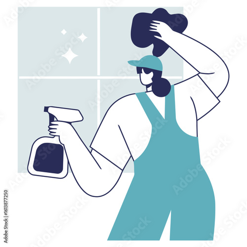 Dedicated cleaner meticulously wiping down windows with spray bottle and cloth, achieving sparkling results for a spotless environment