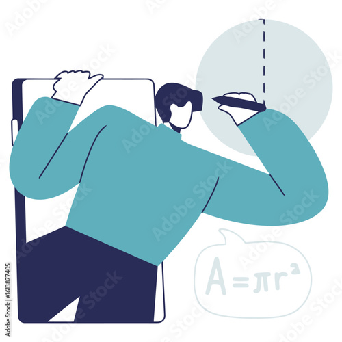 Innovative student deeply engaged in virtual reality learning, mastering geometry with a digital stylus and formula, symbolizing modern education and technological advancement.