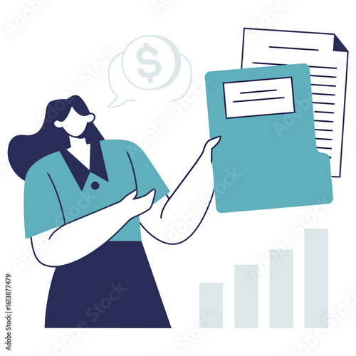 Dynamic professional woman analyzes financial growth charts and documents, envisioning profitable business success and future investments with a dollar sign thought bubble
