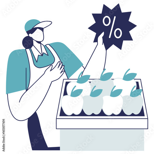 Enthusiastic vendor promotes fresh apple sale with eye-catching discount percentage sign, driving customer interest and boosting seasonal produce business.