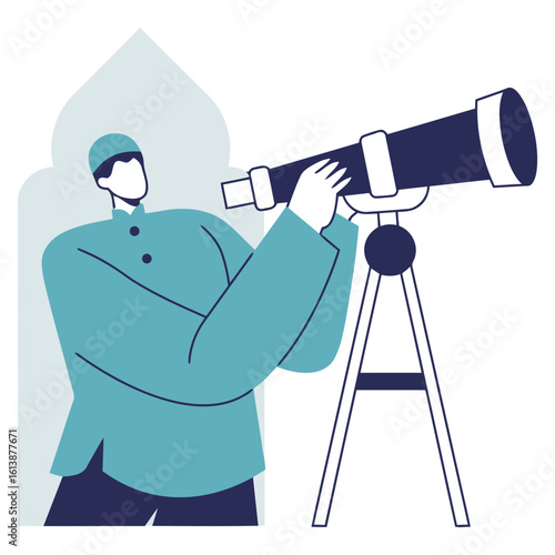Curious explorer gazes through powerful telescope seeking cosmic wonders and distant horizons, symbolizing discovery and scientific pursuit.