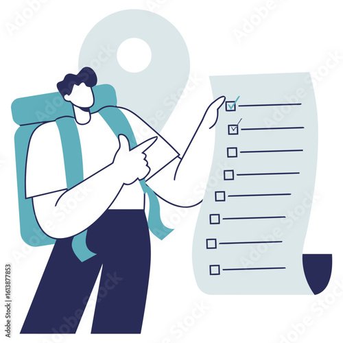 Adventurous backpacker confidently checks off travel itinerary items with a big map pin marking their next destination, planning a perfect journey.