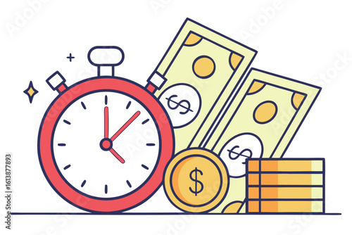 A red stopwatch displays time next to money bills and gold coins with dollar signs