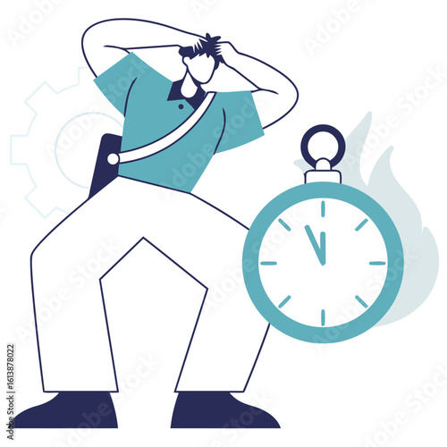 Stressed businessman with hands on head near stopwatch and gear, symbolizing deadline pressure and urgent project management challenges, conveying anxiety and overwhelm.