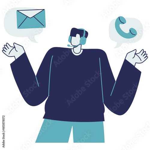 Dynamic customer service agent with headset and communication bubbles showcasing email and phone support, ready to assist clients with modern solutions.