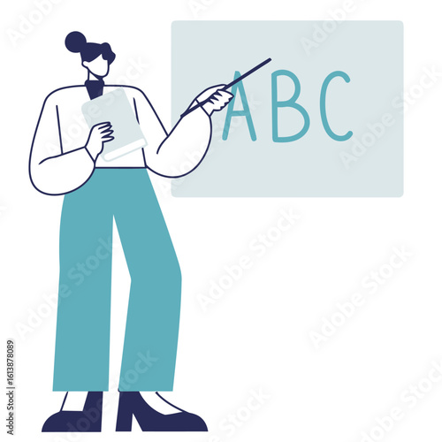 Engaging educator confidently presents foundational learning concepts like the alphabet ABCs to students with a pointer and lesson notes in a modern classroom setting