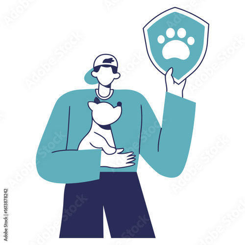 Caring person embraces beloved pet while holding a shield with a paw print symbolizing protection and safety, perfect for animal welfare and pet insurance concepts