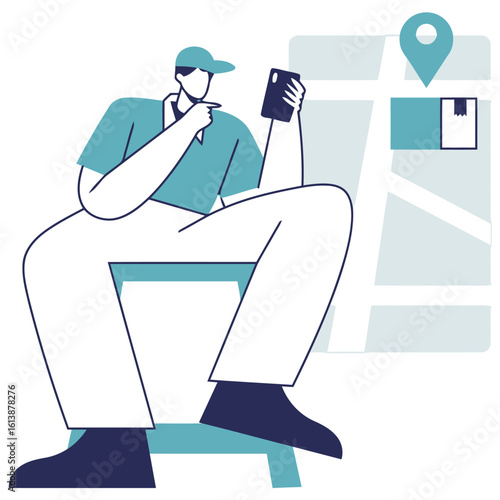 Modern delivery person checks smartphone for route updates beside a map showing package tracking and delivery pins, symbolizing logistics efficiency and on-demand service