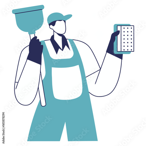 Skilled plumber expertly holding a plunger and sponge, ready to tackle any plumbing challenge with a clean and sparkling result, representing professional service and efficient problem-solving.