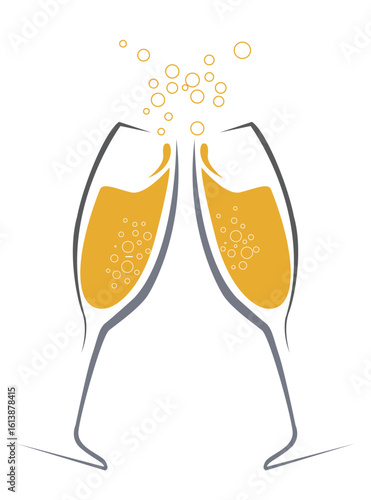 Minimalist champagne toast illustration with two stylized flutes outlined in gray, filled with golden liquid and festive bubbles rising between the glasses.
