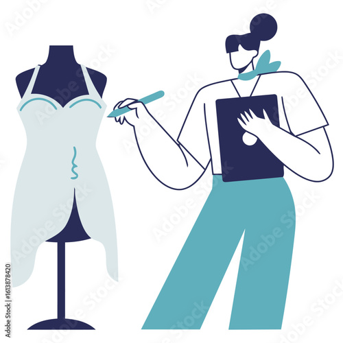 Creative fashion designer meticulously sketches new dress design on tablet next to elegant mannequin, showcasing innovation and style in a modern studio setting.