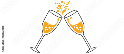 Elegant champagne toast illustration with two flutes outlined in dark gray, filled with amber liquid and celebratory splash above minimalist and festive design