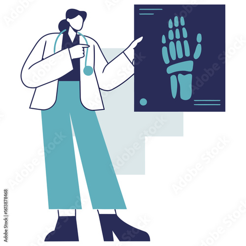 Confident doctor examining X-ray results, offering expert medical insight and patient care with a modern, professional approach to healthcare.