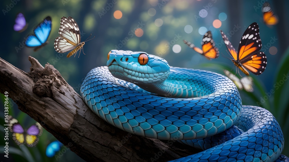 Fototapeta premium Blue Snake with Butterflies on Branch