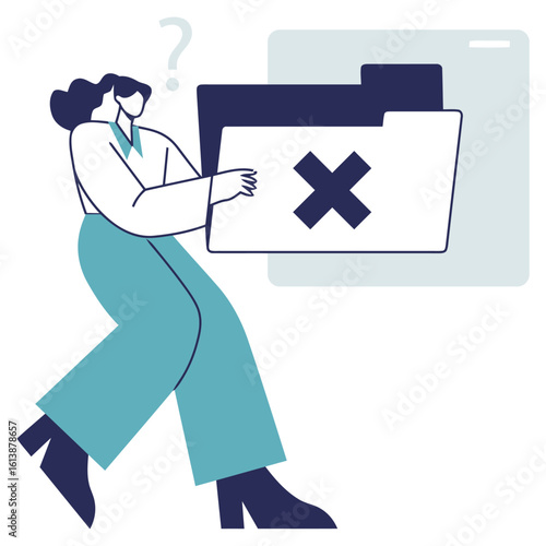 Confused woman holding a folder with a large X symbol, representing error or deletion, questioning data loss and digital problems