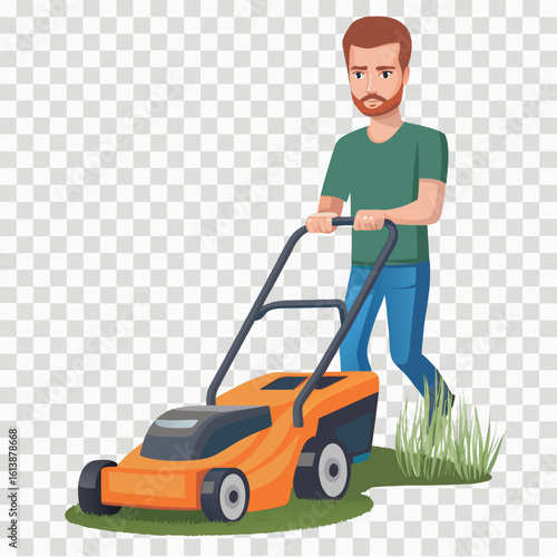 Man and woman cleaning house, boy mowing lawn