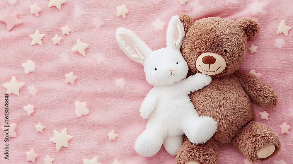 Fototapeta premium A teddy bear and a white bunny plush toy on a pink star patterned blanket background close up view
