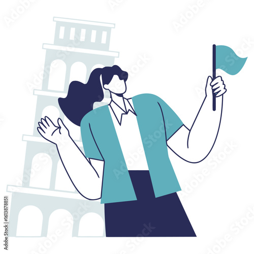 Confident woman with flag explores iconic leaning tower, embodying travel adventure and cultural discovery with vibrant energy and a sense of achievement