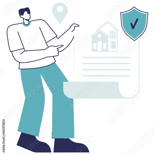 Professional man reviews important property document with security shield and location pin for real estate or insurance business
