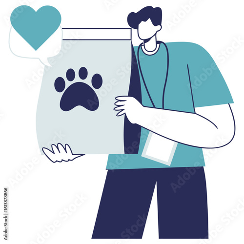 Caring veterinarian proudly holds bag of premium pet food, symbolizing love and healthy nutrition for beloved animals with a heart icon.