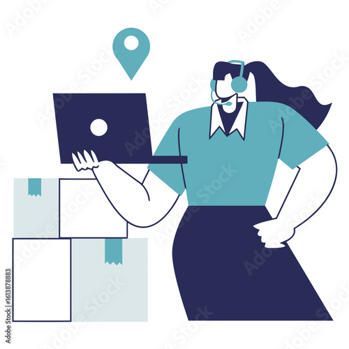 Professional logistics manager coordinating deliveries with laptop and headset, overseeing stacked packages with a location pin indicating destination