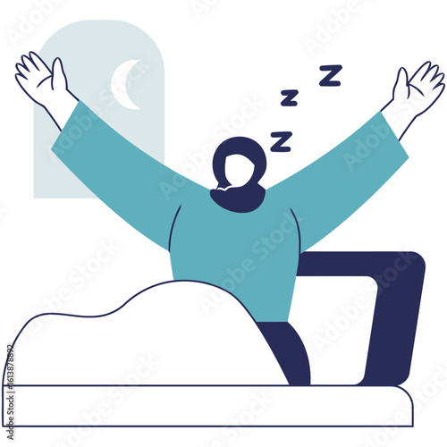 Person waking up refreshed and stretching in bed by a window with a crescent moon visible, symbolizing a good night's sleep and morning energy