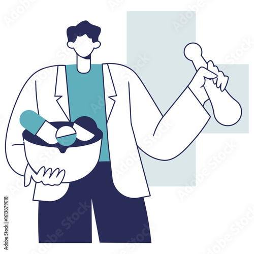 Professional pharmacist expertly prepares medications with mortar and pestle, showcasing dedication to health and wellness with a modern, clean aesthetic for healthcare marketing