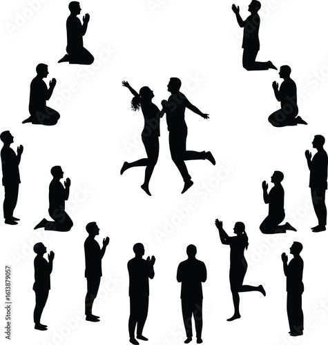 Silhouettes of Diverse People Praying, Worshiping, and Celebrating Faith with Joy and Reverence in Various Poses and Expressions.