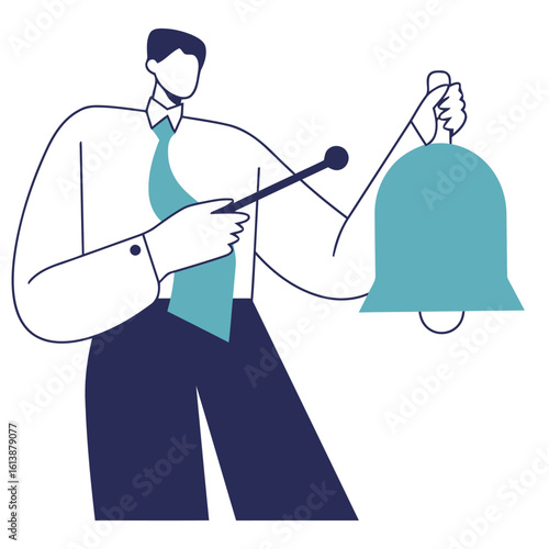 Dynamic businessman rings bell signaling important announcement or urgent call to attention for business success and opportunity