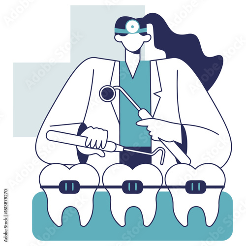 Expert dentist performing orthodontic treatment on teeth with braces, showcasing modern dental care and healthy smiles for a brighter future.