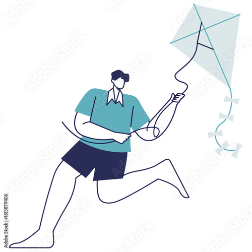 Joyful man running and flying a kite, capturing the exhilarating freedom and vibrant spirit of outdoor summer recreation and childhood fun