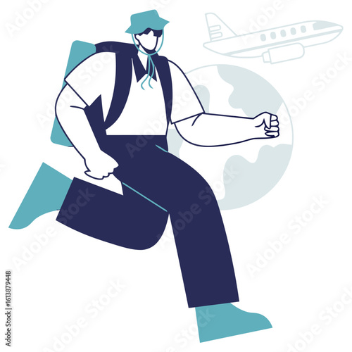 Adventurous traveler on the move with backpack and passport, embarking on a global journey with airplane and world map elements signifying exciting exploration and wanderlust