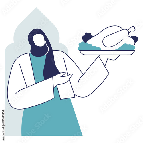 Joyful Muslim woman proudly presents a delicious roasted chicken dish, embodying hospitality and festive celebration for family gatherings and special occasions.