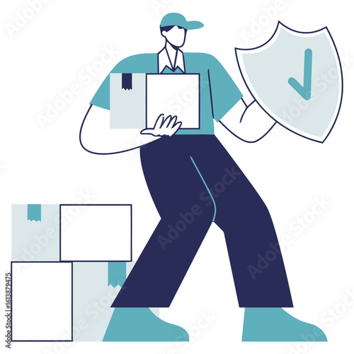 Dedicated delivery person ensuring safe package transport with protective shield, symbolizing secure logistics and reliable service for all your shipping needs.