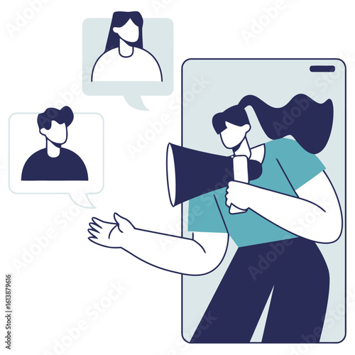 Dynamic businesswoman broadcasting message with megaphone on mobile screen engaging distant audience and sparking conversation through digital communication channels
