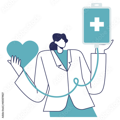 Caring healthcare professional holding a vibrant heart and IV bag symbolizing life saving medical care and compassion in a modern, clean visual style perfect for health awareness campaigns