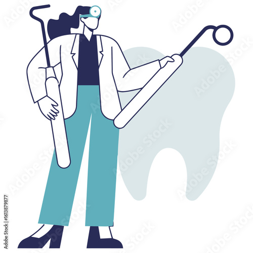 Confident dentist holding instruments near giant healthy tooth, ready for dental care and oral hygiene procedures, promoting healthy smiles and professional dental services.
