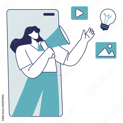 Dynamic businesswoman powerfully announces digital marketing success, sharing ideas and content with a vibrant megaphone and glowing inspiration
