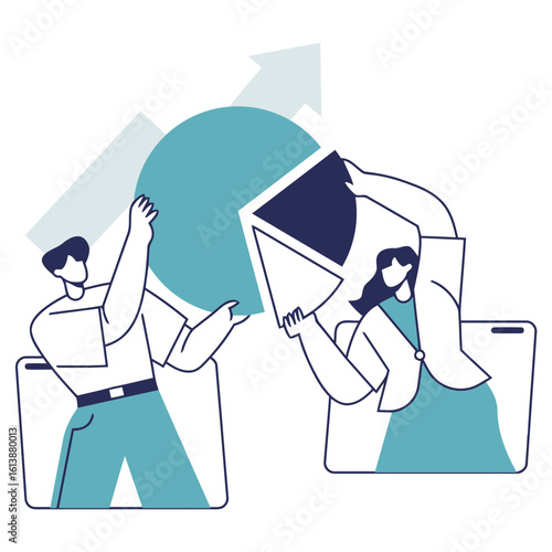 Dynamic team collaborates to assemble a pie chart representing growth and success, symbolizing strategic planning and data analysis for business advancement.