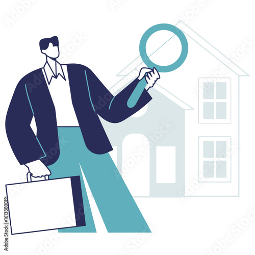 Professional businessman meticulously examining a house with a magnifying glass, symbolizing real estate investment and property search for ultimate success
