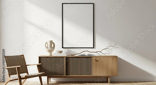 Photo of a minimalist living space showcases a wooden sideboard with a decorative vase and a framed artwork