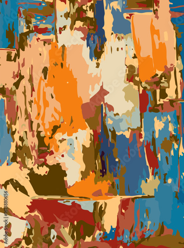 Vibrant abstract expressionist painting with textured layers of orange, red, beige, and blue—modern art canvas featuring thick brushstrokes and blended colors