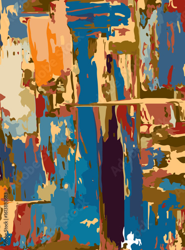 Vibrant abstract painting with overlapping color blocks in deep blue, orange, and red tones—textured canvas with expressive brushstrokes in a contemporary style