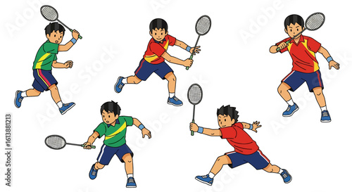 flat style illustration set of badminton players in various dynamic poses, hitting the shuttlecock with rackets, showcasing the speed and agility of the sport