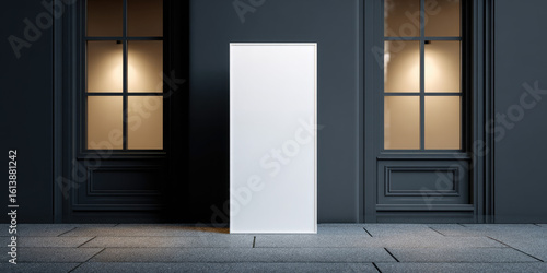 White blank board stands between two illuminated windows in a dimly lit architectural setting. Minimalism, advertising, urban