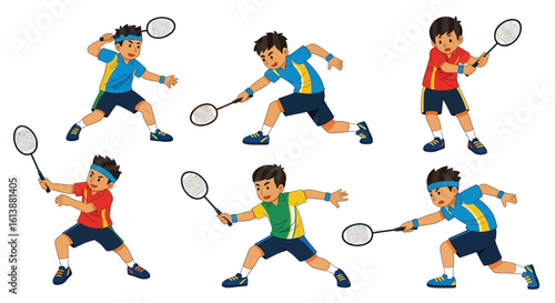 flat style illustration set of badminton players in various dynamic poses, hitting the shuttlecock with rackets, showcasing the speed and agility of the sport