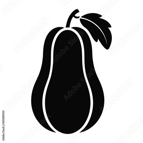 Black silhouette of a pear with a stem and leaf on white background fruit
