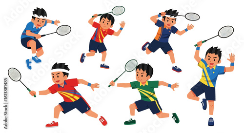 flat style illustration set of badminton players in various dynamic poses, hitting the shuttlecock with rackets, showcasing the speed and agility of the sport
