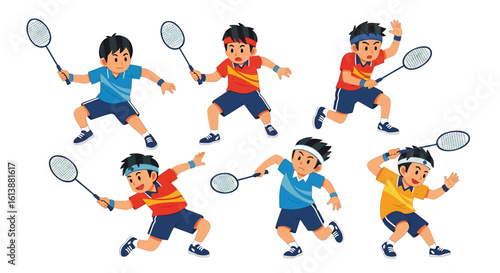 flat style illustration set of badminton players in various dynamic poses, hitting the shuttlecock with rackets, showcasing the speed and agility of the sport
